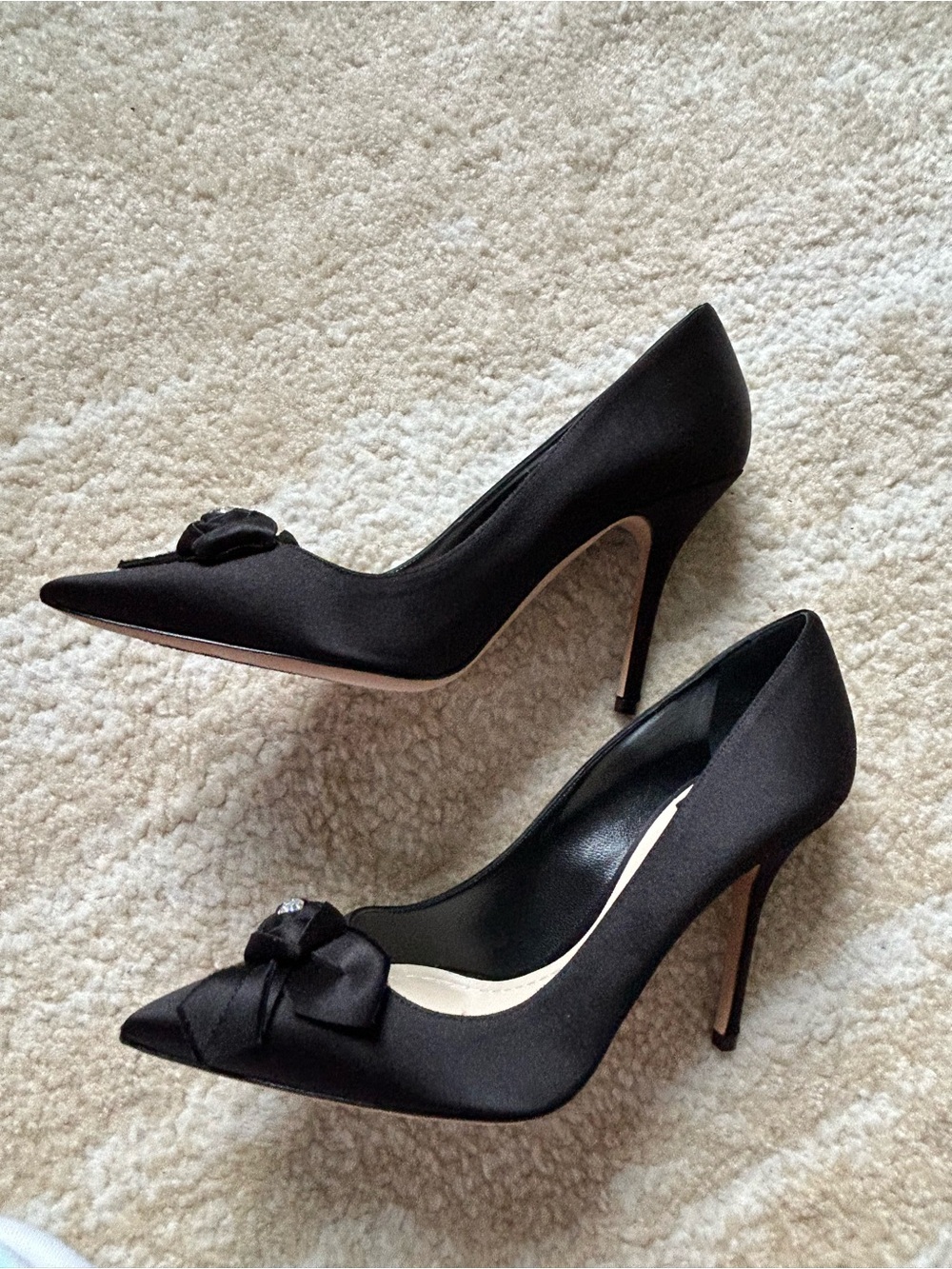 Christian Dior Black Satin Crystal Bow Heels Size 37.5